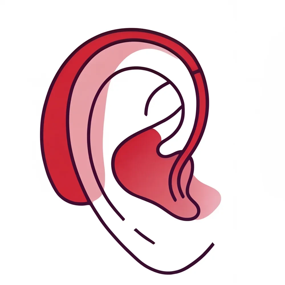 Close-up of a person's ear with a hearing aid visible behind it.