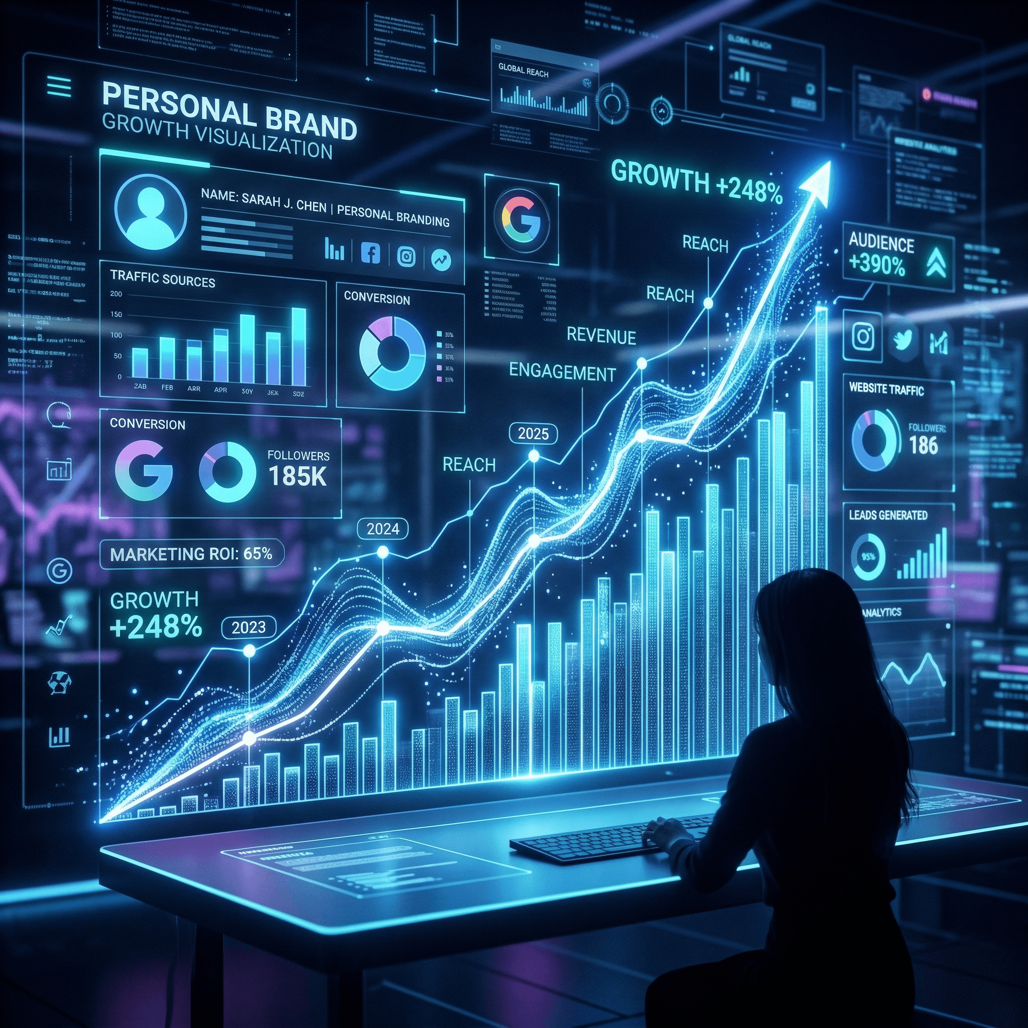 Man in sunglasses and orange shirt with motion blur hair and glowing glasses.