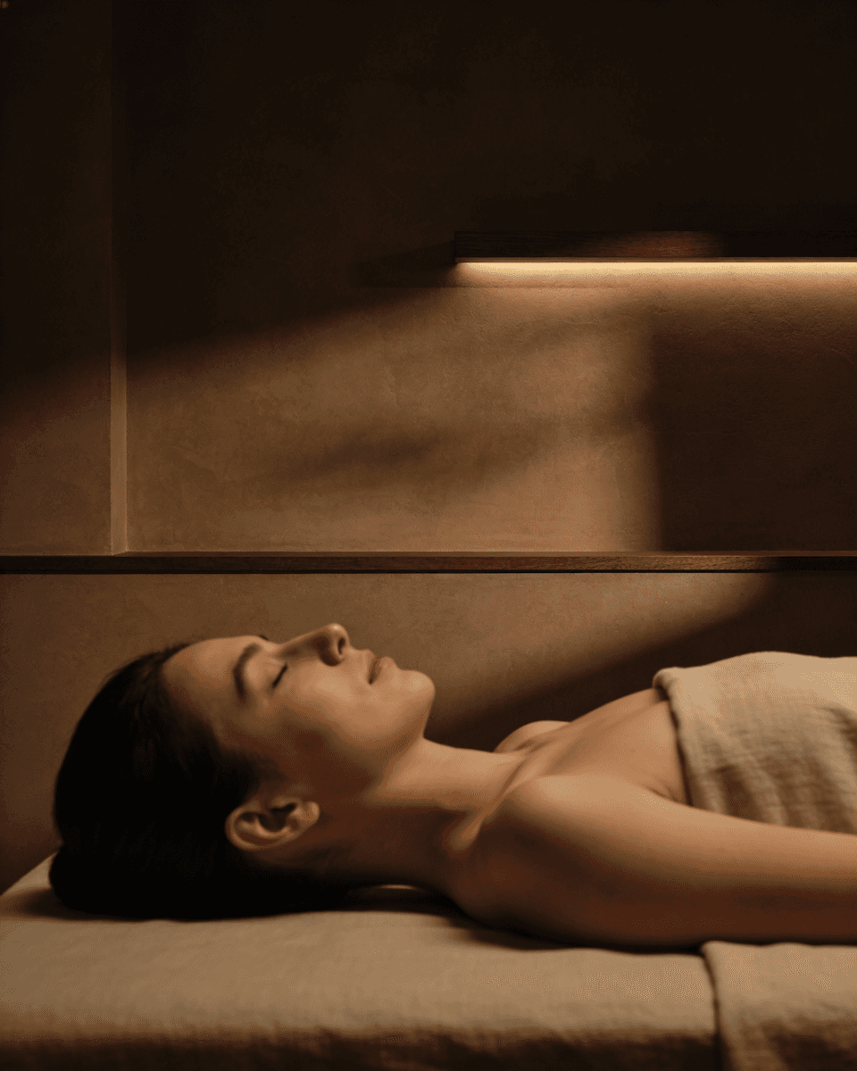 A person lies relaxed on a treatment table in a softly lit spa-like environment, eyes closed.