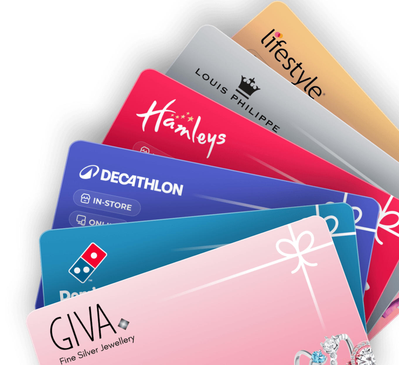Gift cards with brands - GIVA, Dominos, Decathlong, Hamleys, Louis Philippe, Lifestyle