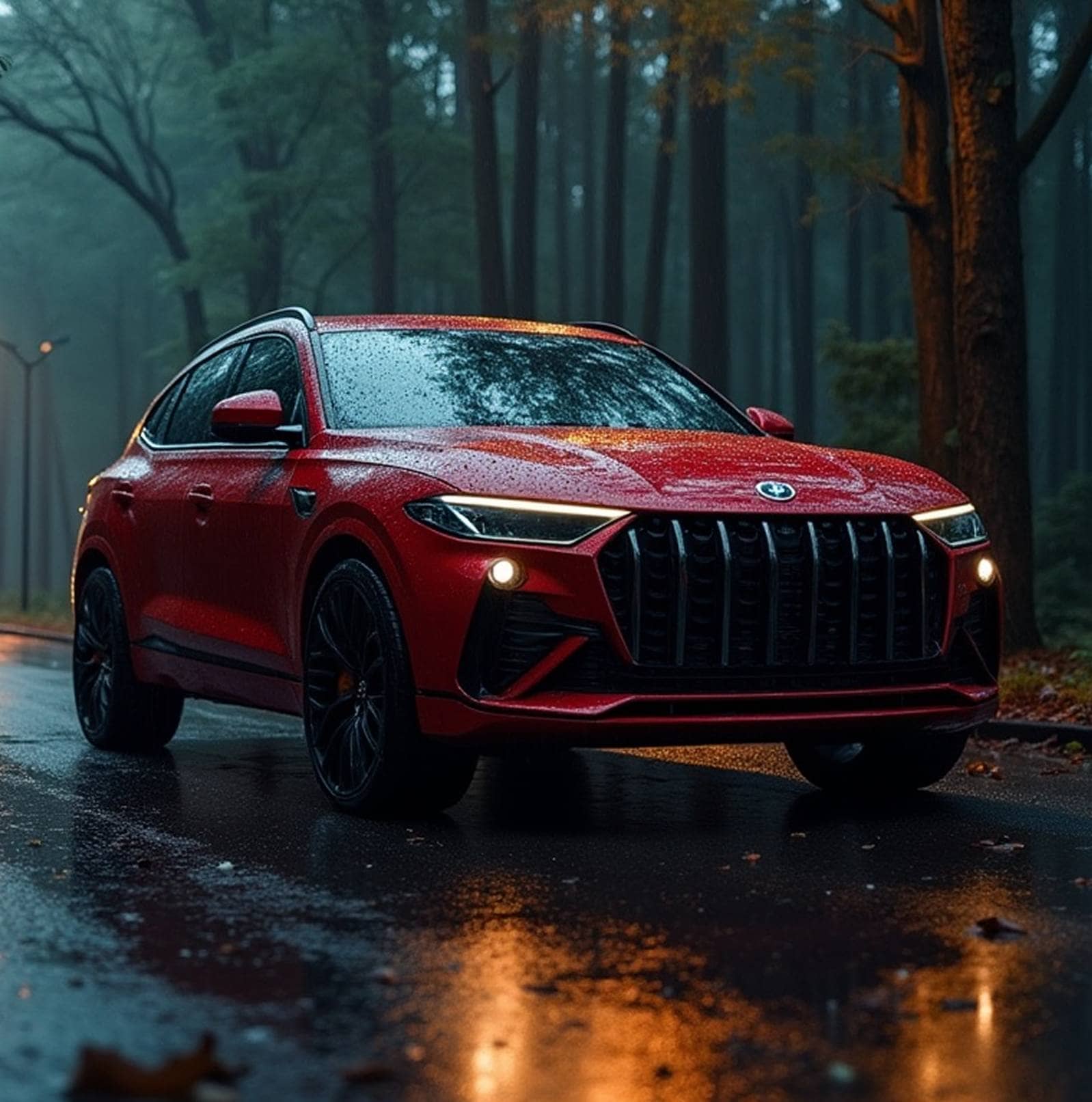 Un VUS rouge couvert de gouttes de pluie, à l'arrêt sur une route mouillée dans une forêt sombre.