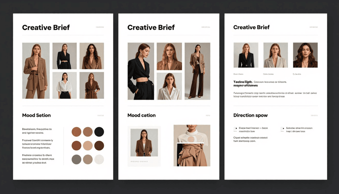 Creative direction framework document for AI fashion campaign showing brand guidelines and aesthetic parameters