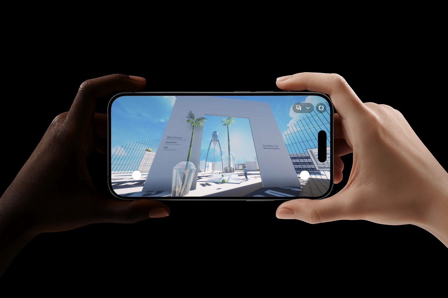Two hands holding iPhone, Interactive Virtual Space