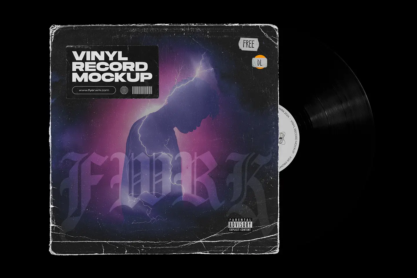 Realistic vinyl record mockup showing worn album cover and partially visible vinyl