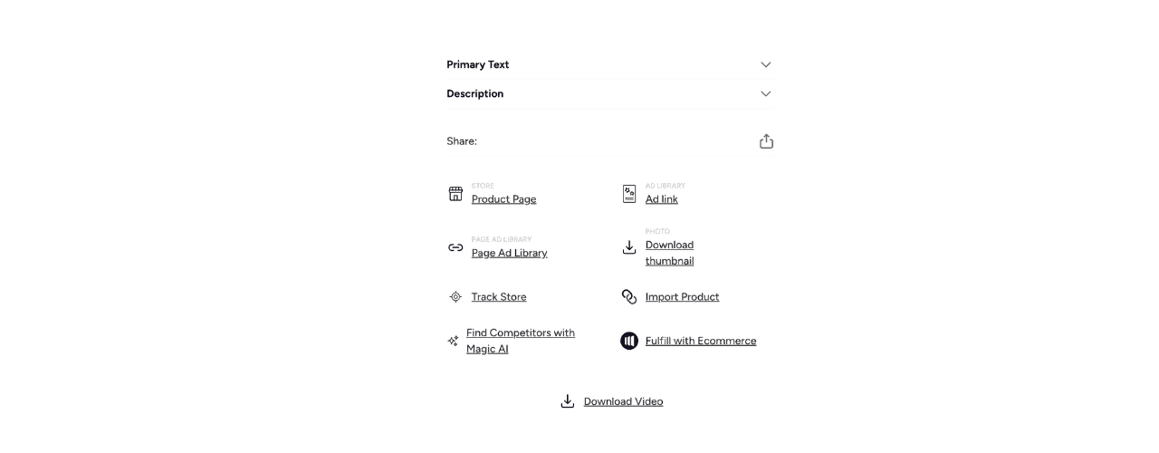 Ad details panel showing primary text, description, and competitor research actions