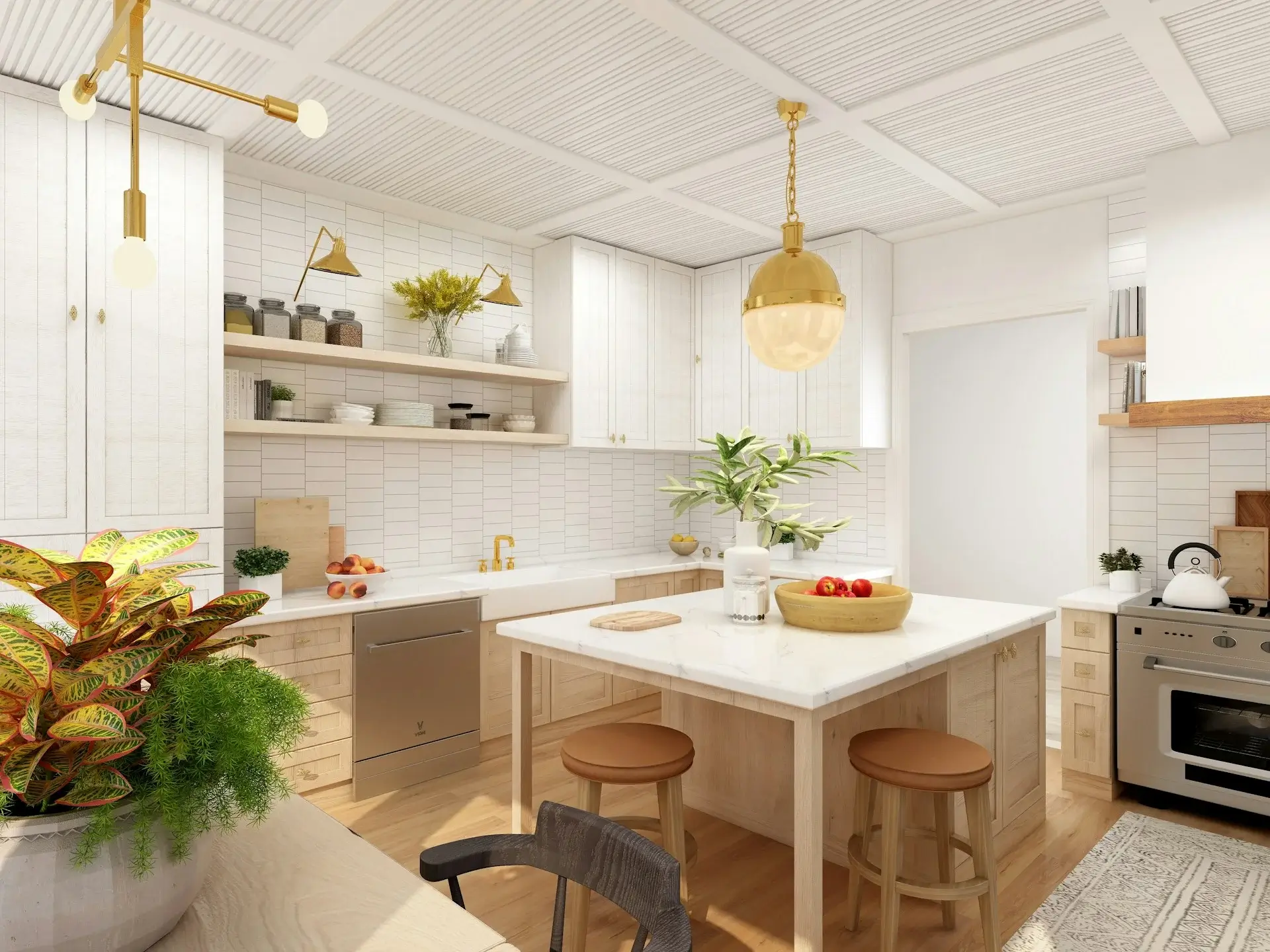 Bright kitchen with white cabinets, wooden island, pendant lights, and plants.
