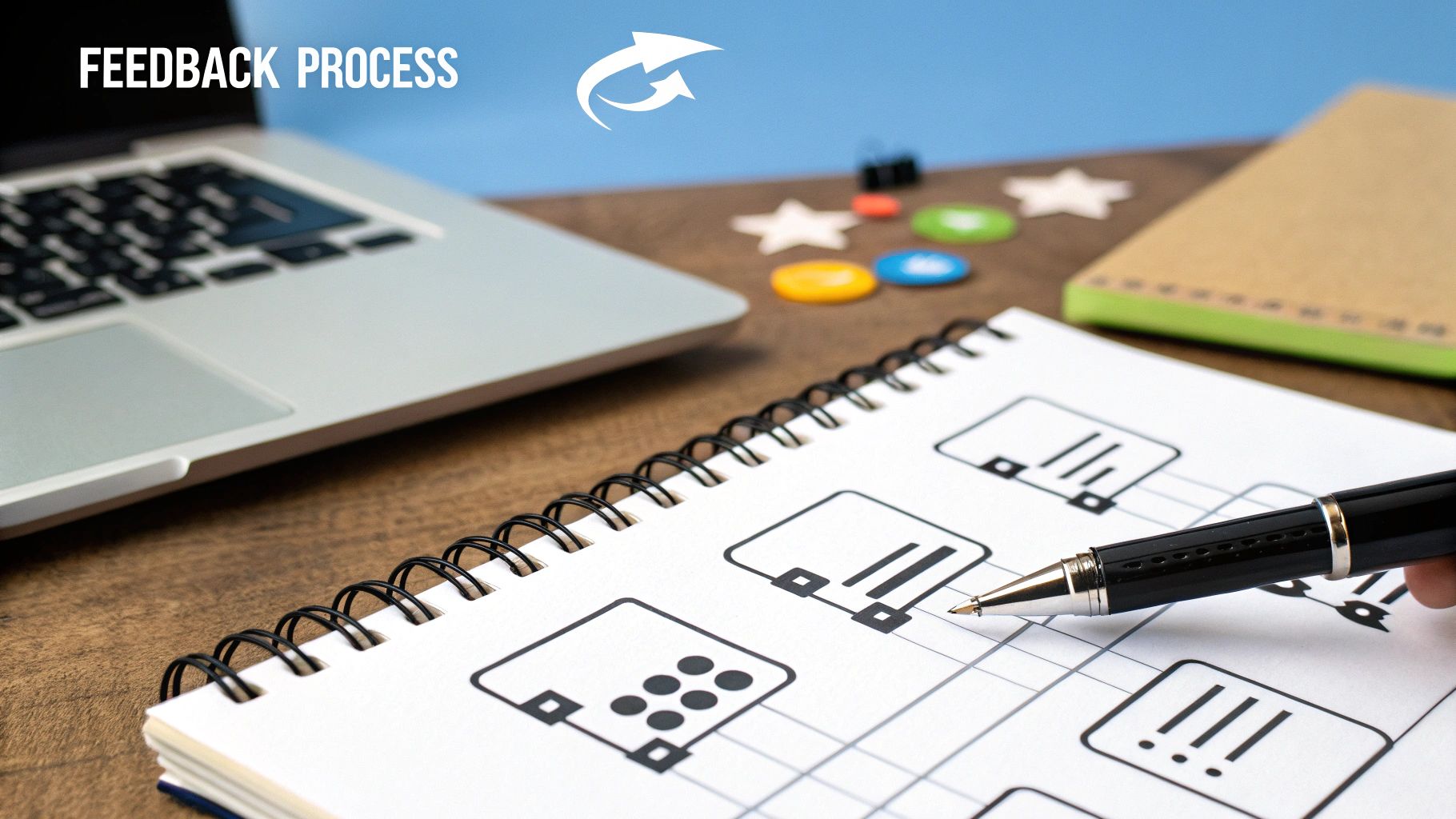 A designer and a client collaborating over a screen with design mockups, indicating a structured feedback session.