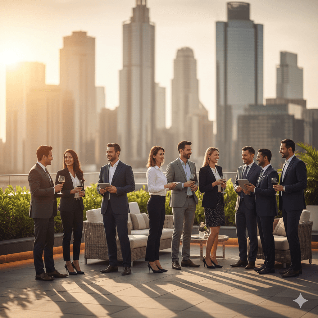 Professional group meeting on a luxury rooftop terrace overlooking a modern city skyline