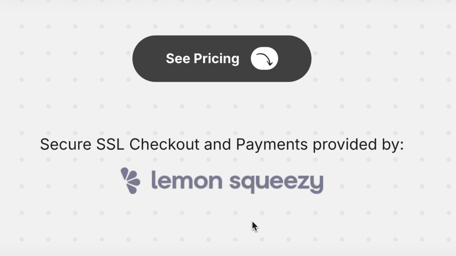 Webpage section with a 'See Pricing' button, noting secure SSL checkout and payments by Lemon Squeezy