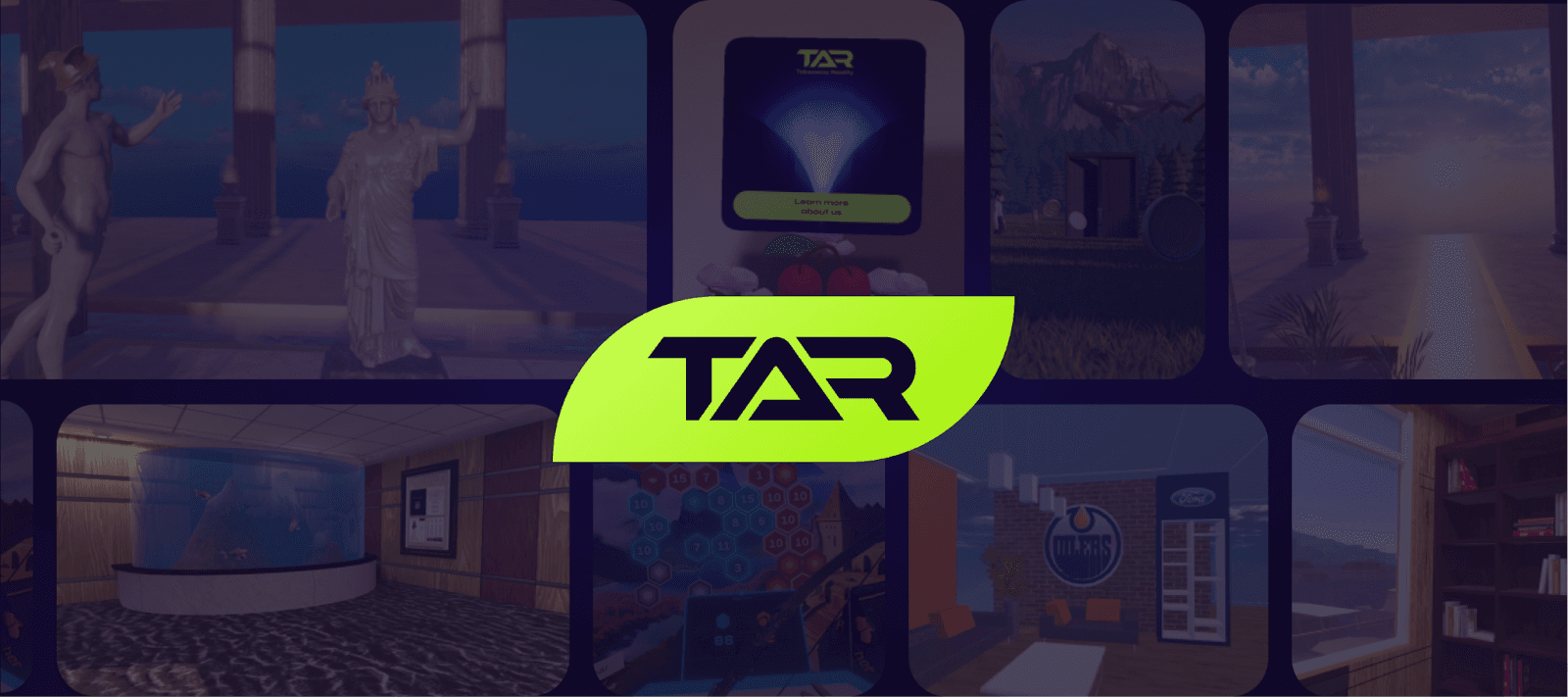 Takeaway Reality (TAR) logo prominently displayed in a vibrant neon green leaf shape, surrounded by immersive virtual reality environments. The collage highlights TAR’s cutting-edge innovations in virtual reality development, showcasing realistic 3D environments and interactive VR applications for gaming, education, and business. Featured scenes include virtual museums, Greek-inspired temples, serene landscapes, and futuristic office spaces, reflecting TAR’s expertise in creating custom VR solutions. Takeaway Reality is a leader in VR development, crafting tailored experiences that push the boundaries of virtual reality technology for both entertainment and professional industries.