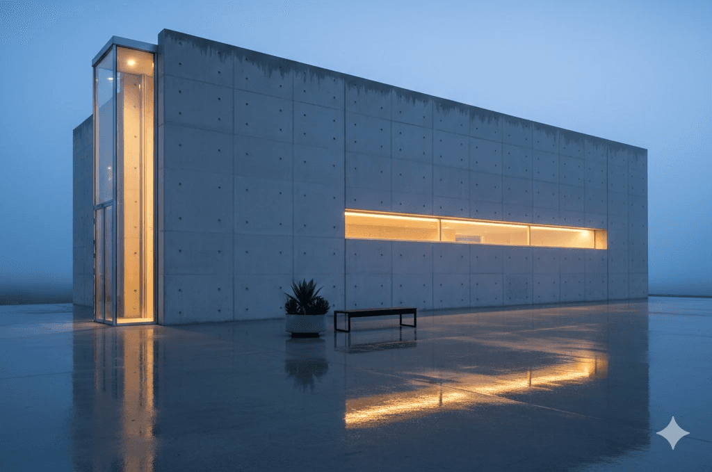 A minimalist concrete building with warm interior lighting, reflecting on a wet surface. It's set against a foggy, blue-hued twilight sky, exuding serenity.