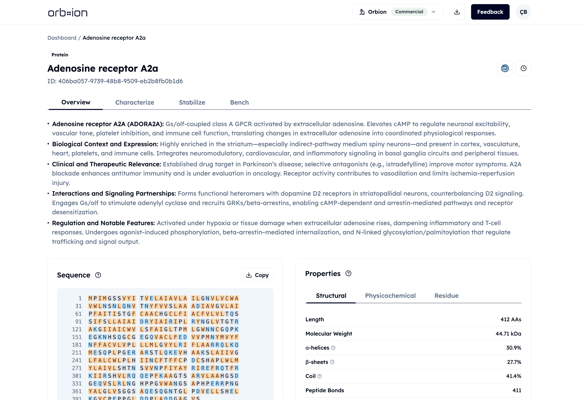 Orbion Platform's Overview Page on Adenosine Receptor A2a