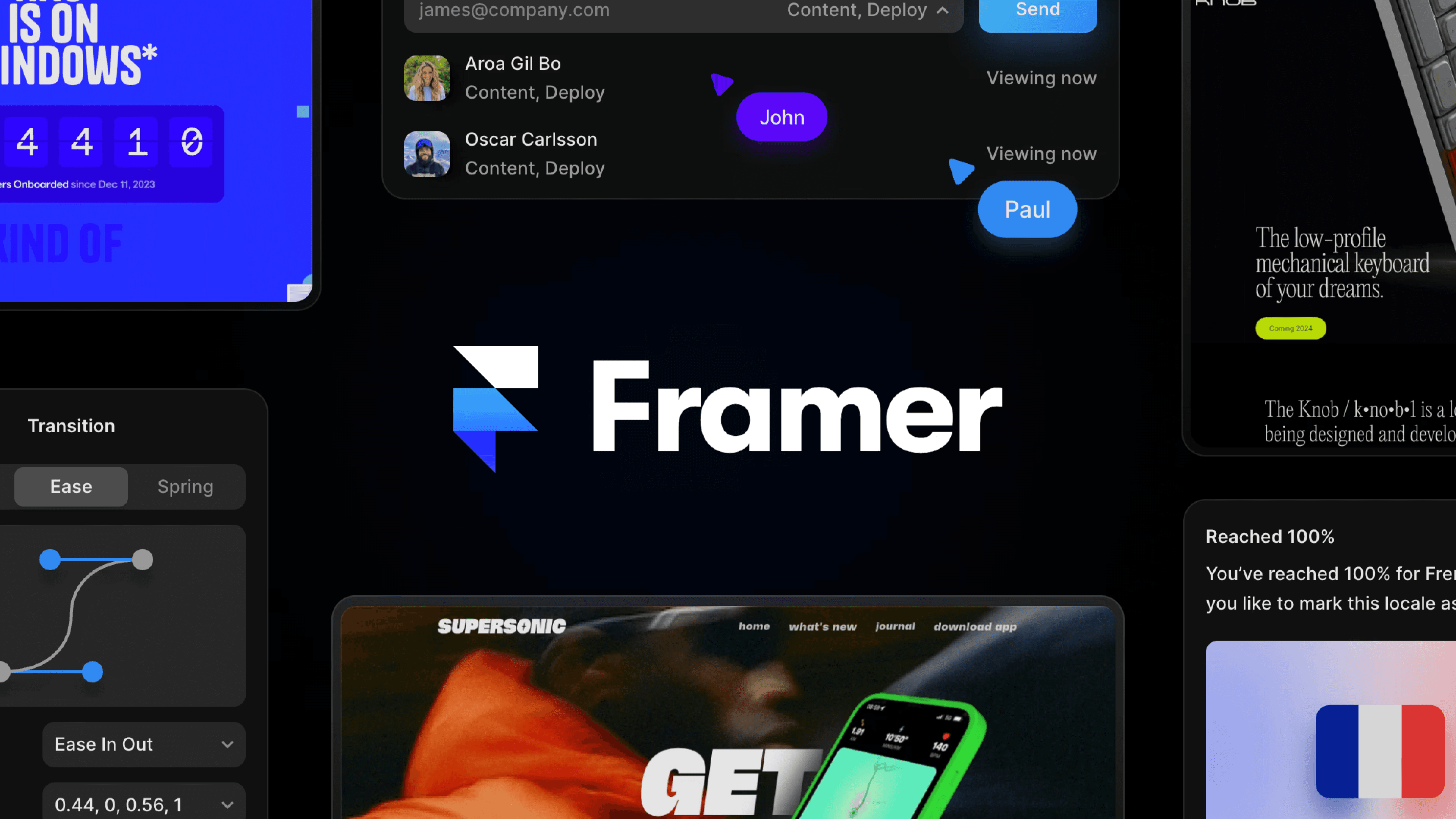 Framer website builder interface showing design canvas and interactive layout controls