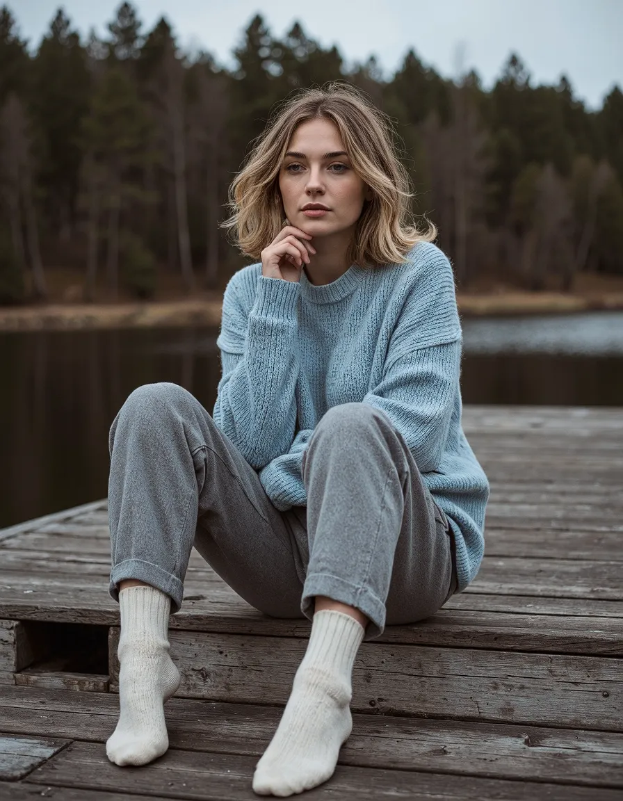 Person in light blue sweater and gray pants sitting on wooden dock by lake with forest background, creating serene winter mood