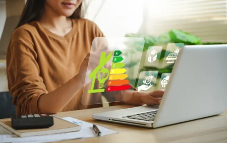 Donna consulta la classe energetica di un edificio su schermo digitale trasparente