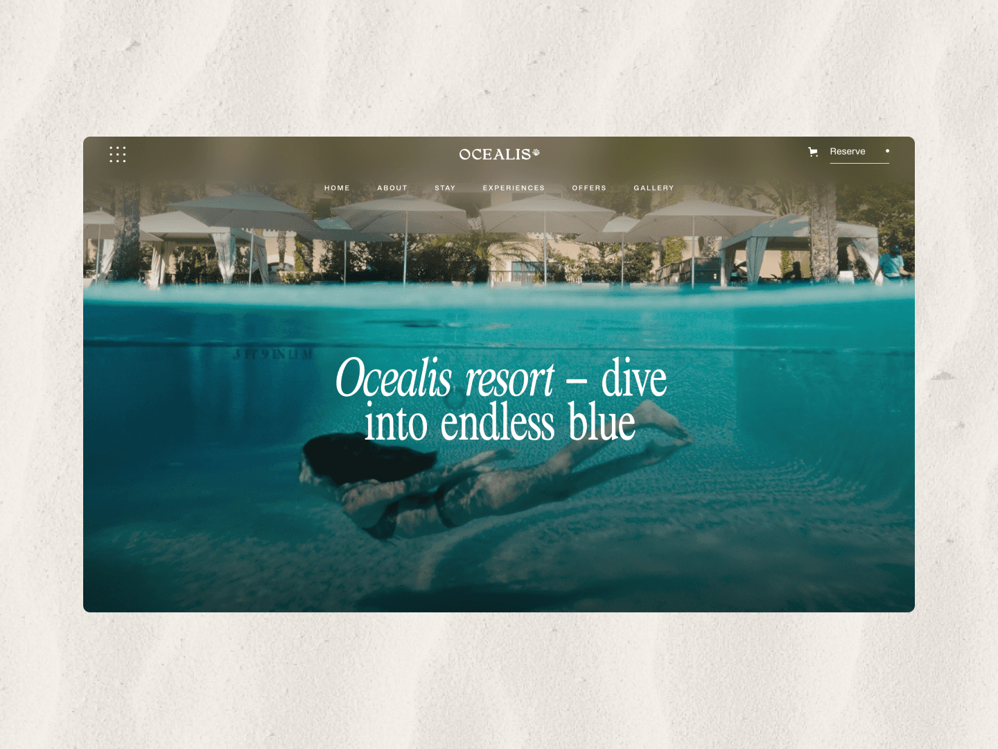 Screenshot of header of Ocealis resort webflow template