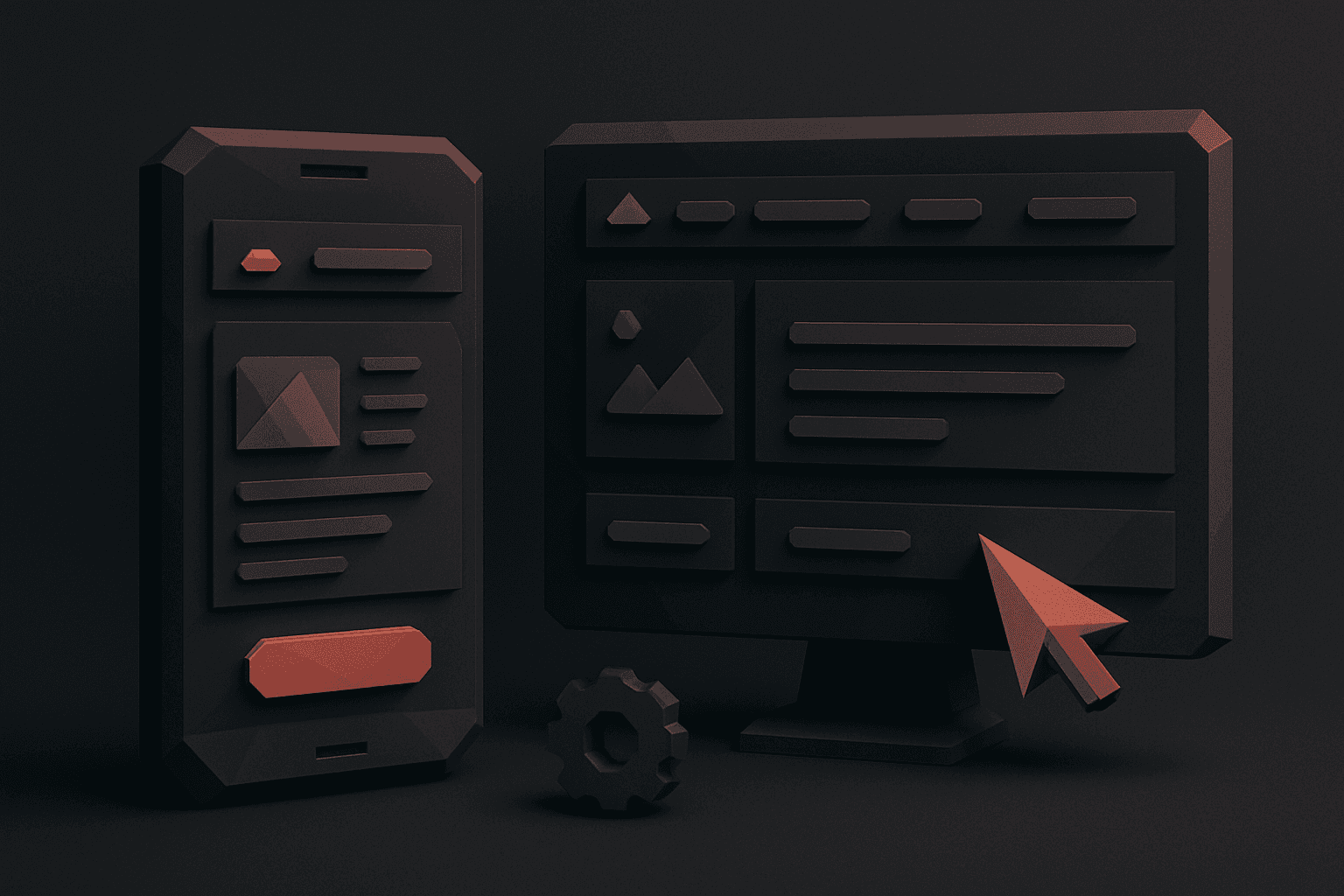 3D illustration of a mobile and desktop user interface design with dark and red elements, showcasing layout components and a cursor