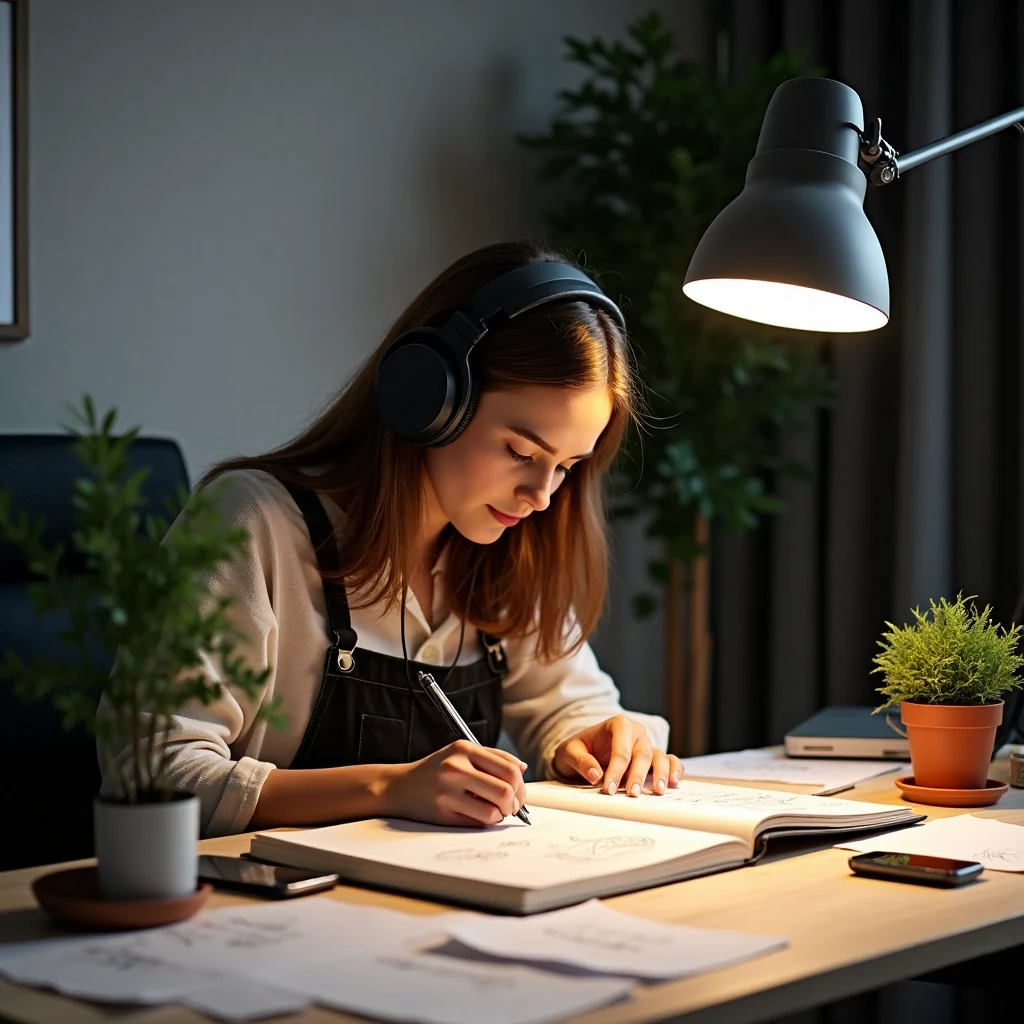 Personne concentrée à un bureau avec casque audio et cahier ouvert