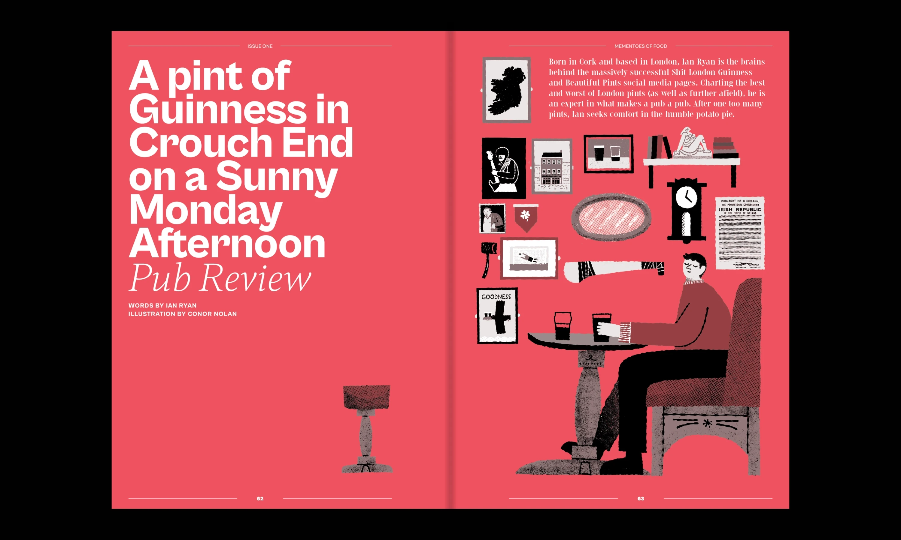 Double page spread with the article title on one page and an illustration on the opposite showing items that would feature on the walls of a typical Irish pub like old maps and drink advertisments 