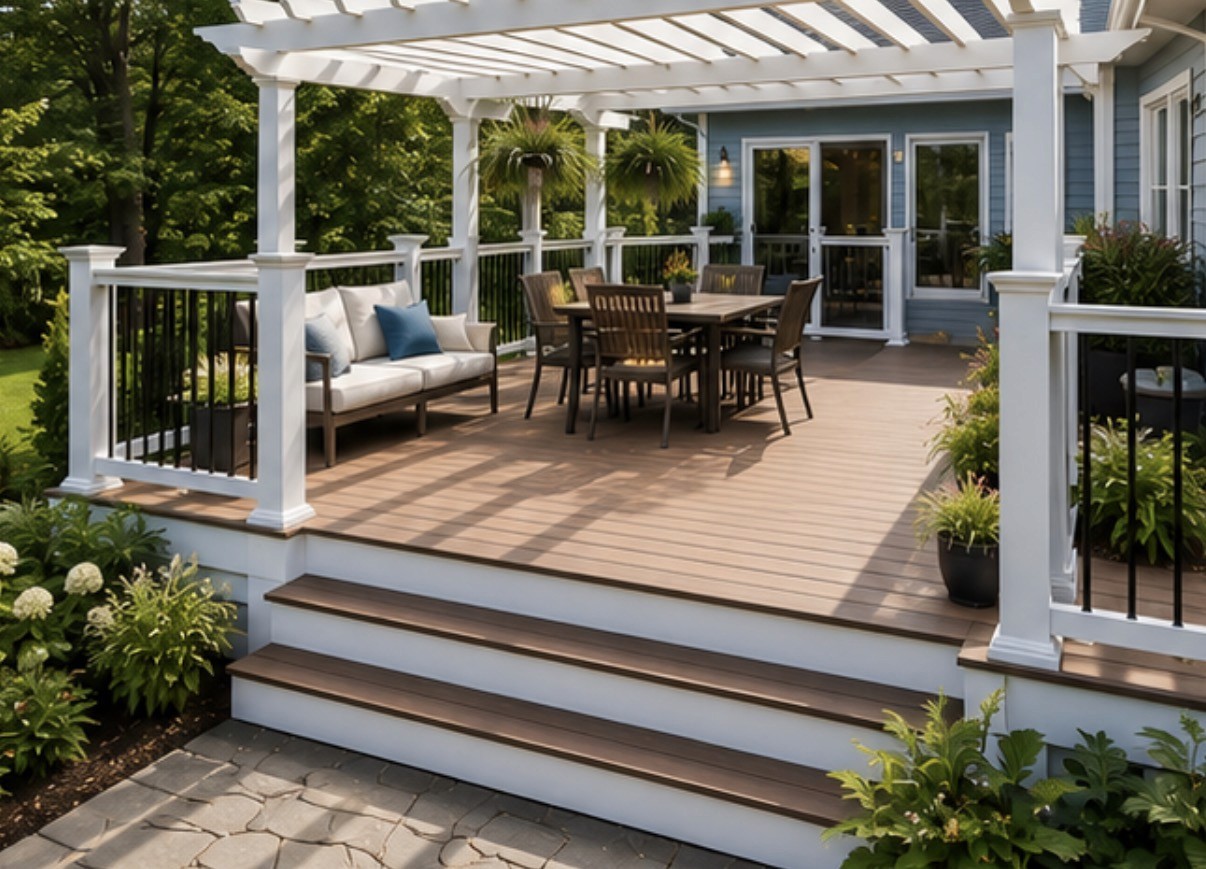 Finished backyard deck with seating and railing