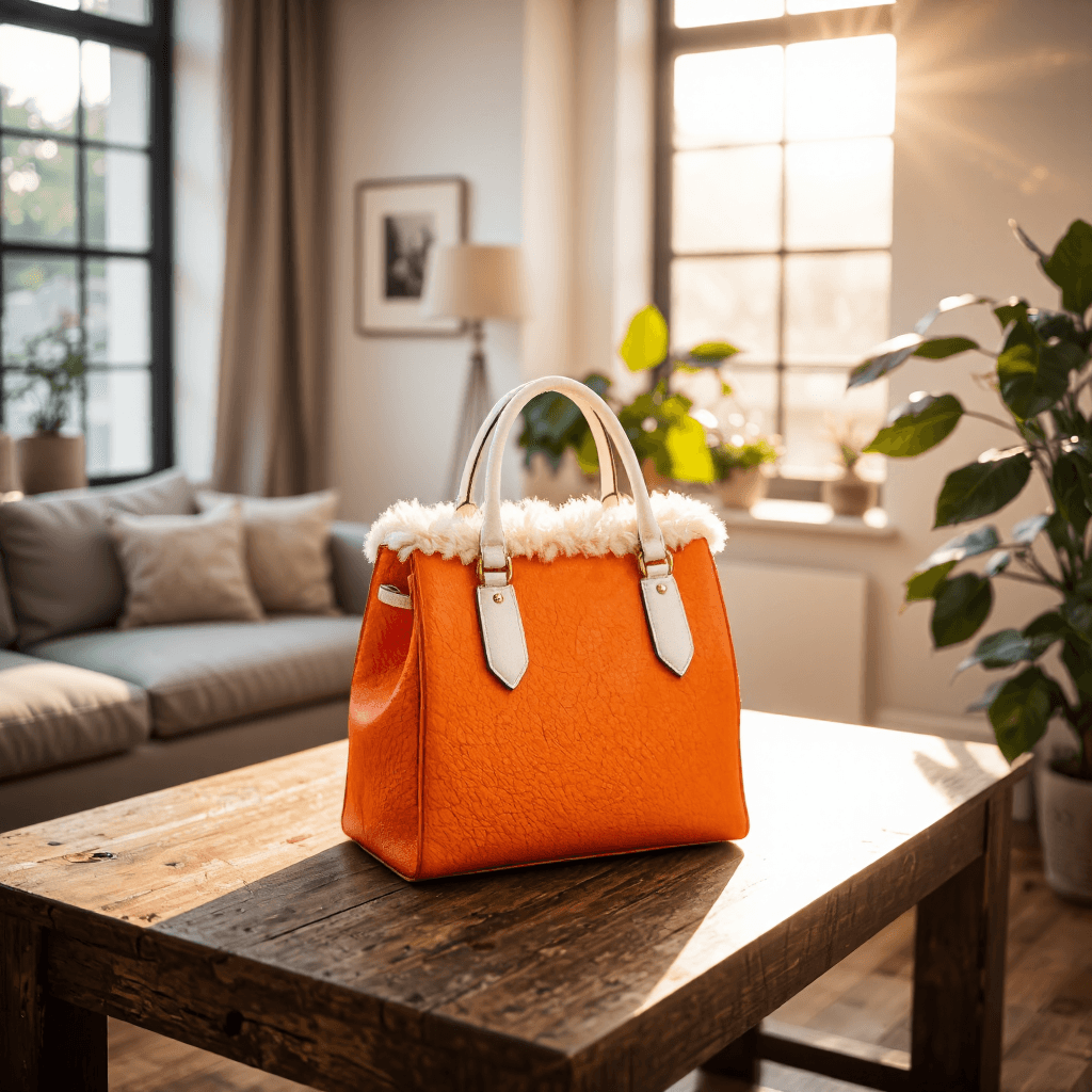 product photography of a small bag with a textured orange exterior and white straps, designed for carrying items