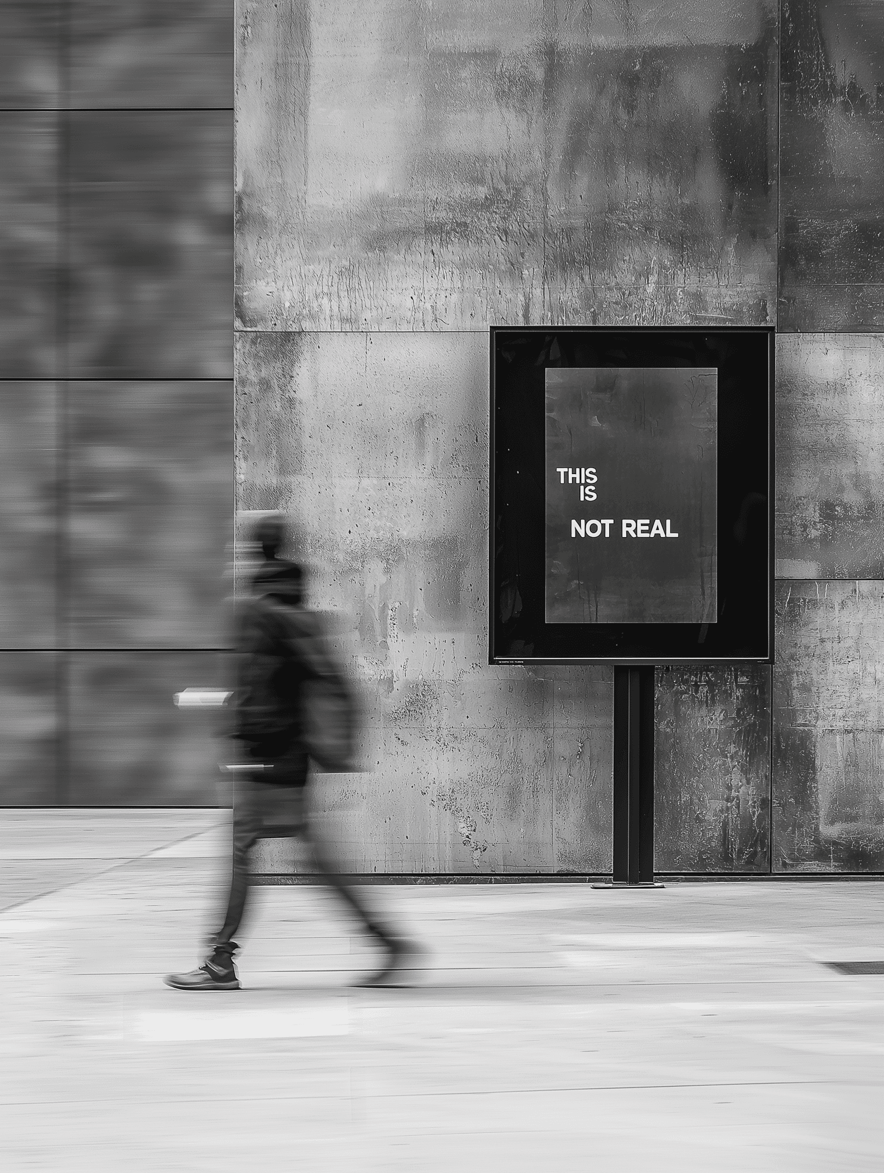 Urban wall with poster reading “This is not real”