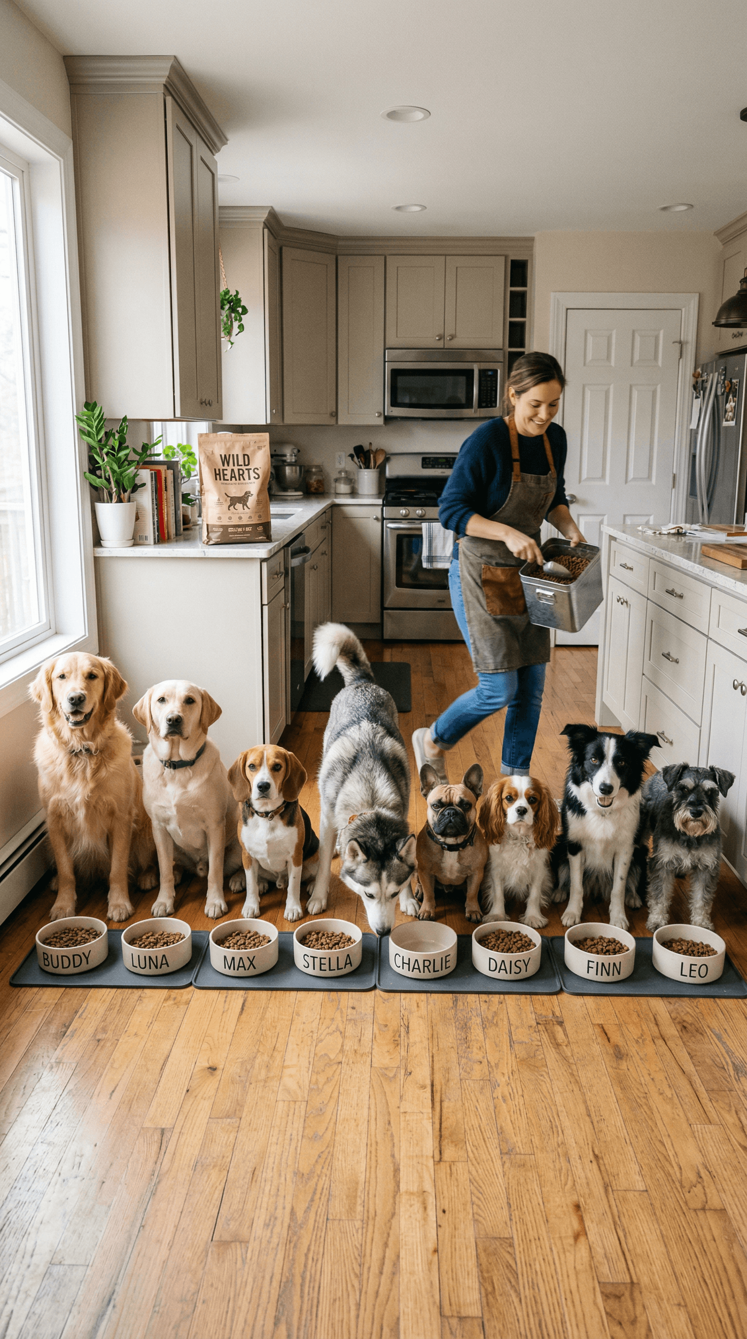 Multiple dogs lined up in a kitchen with labeled bowls while a person serves dog food