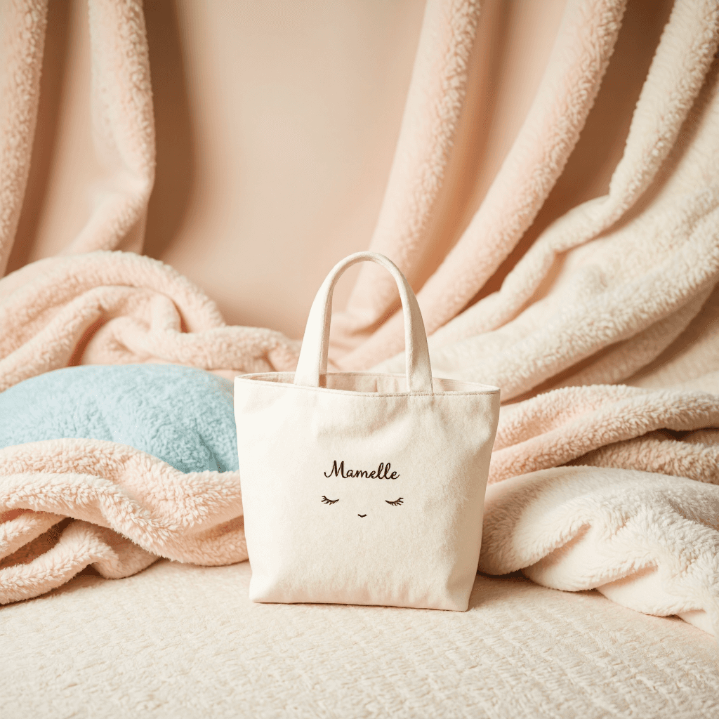 product photography of a small tote bag with a whimsical design