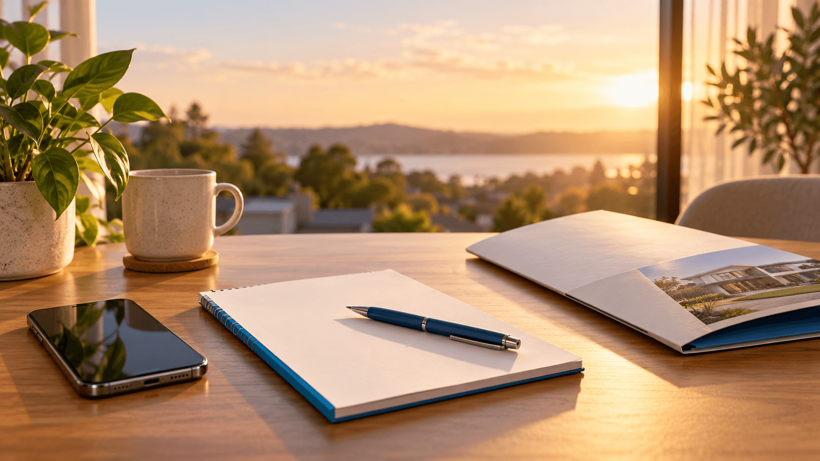A phone, blank blue-edged notepad, pen, and property folder sit on a desk in warm late-day light.