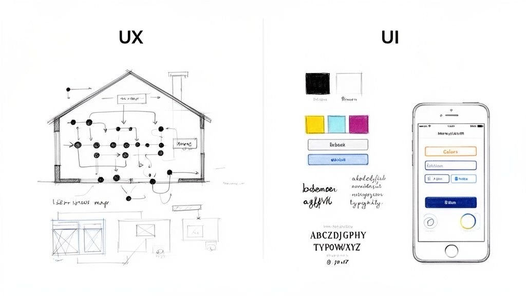 Side-by-side visual comparison illustrating the distinct aspects of UX and UI design principles.