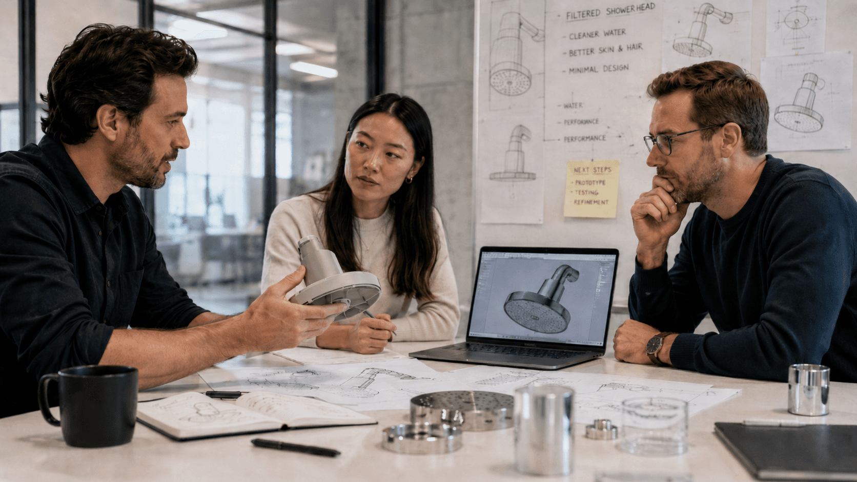 Hardware development team reviewing a semi-finished prototype shell for the OPINE filtered showerhead during an early design review.