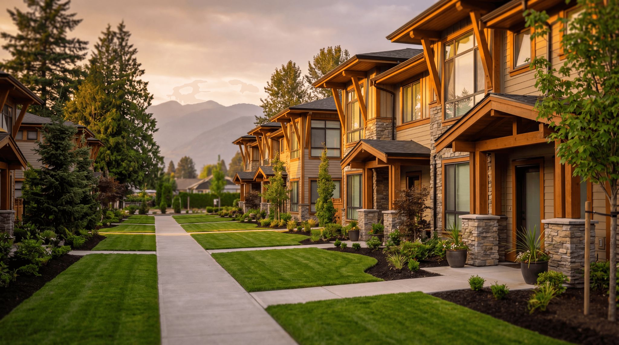 Well-manicured townhouses with lush landscaping in Abbotsford BC, showcasing expert landscape construction and design services.
