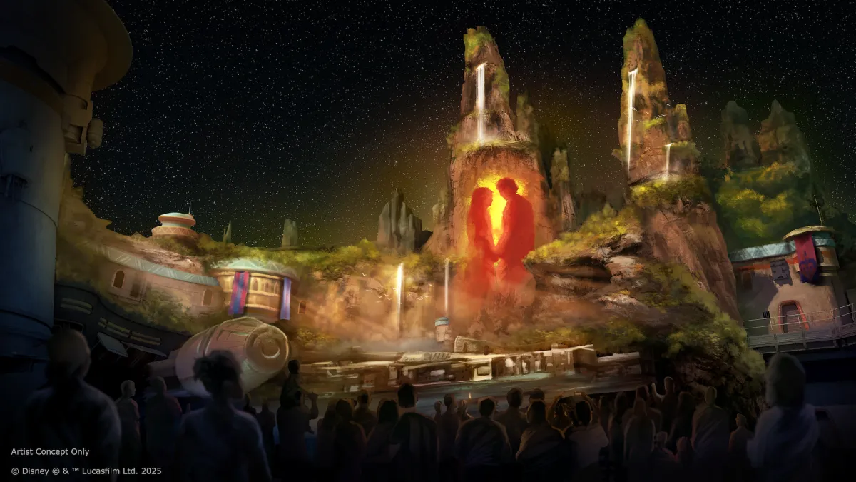 An artistijc rendering of a projection show in Disney's Galaxy's Edge in Disneyland. The projection shows silhouettes of Princess Leia and Han Solo