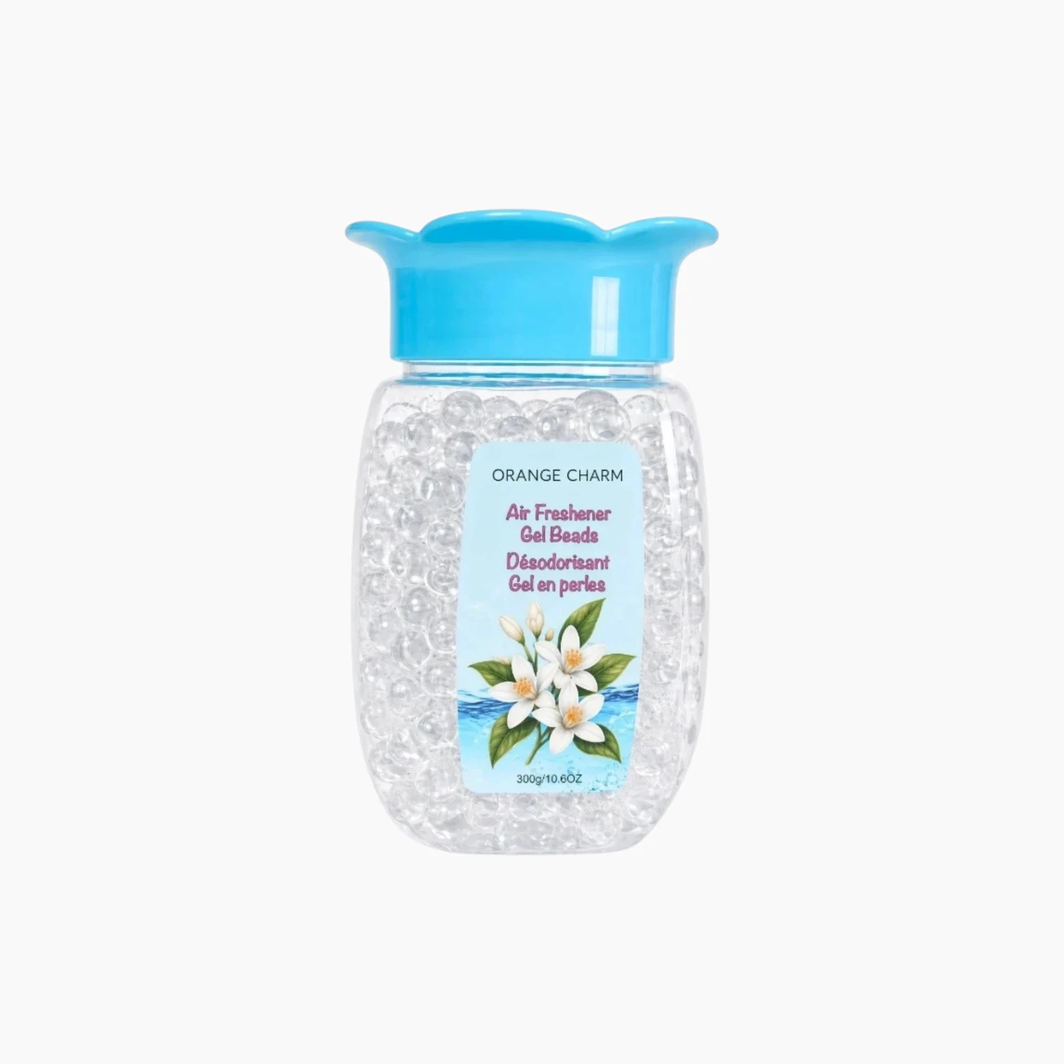 Decorative gel bead formats for continuous ambient fragrance and odor control.