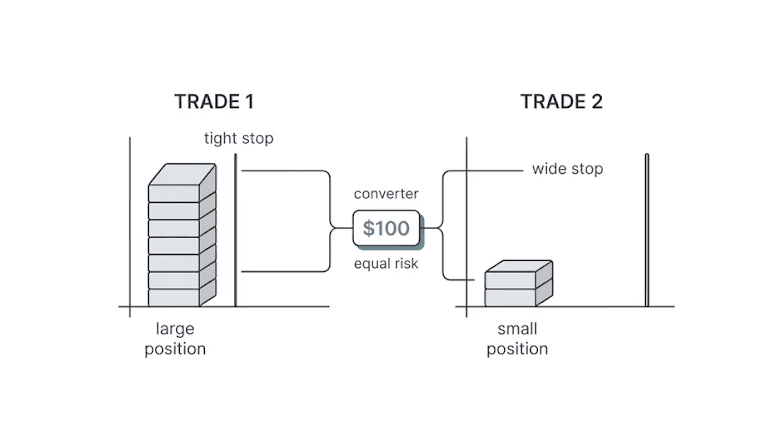 Two trades with same risk, but different position sizes and stops