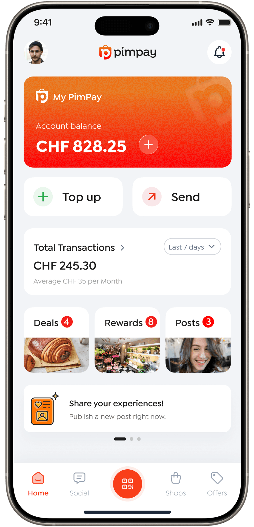 PimPay app home screen showing account balance CHF 3,428.25, with “Top up” and “Send” buttons and total transactions CHF 56,500.