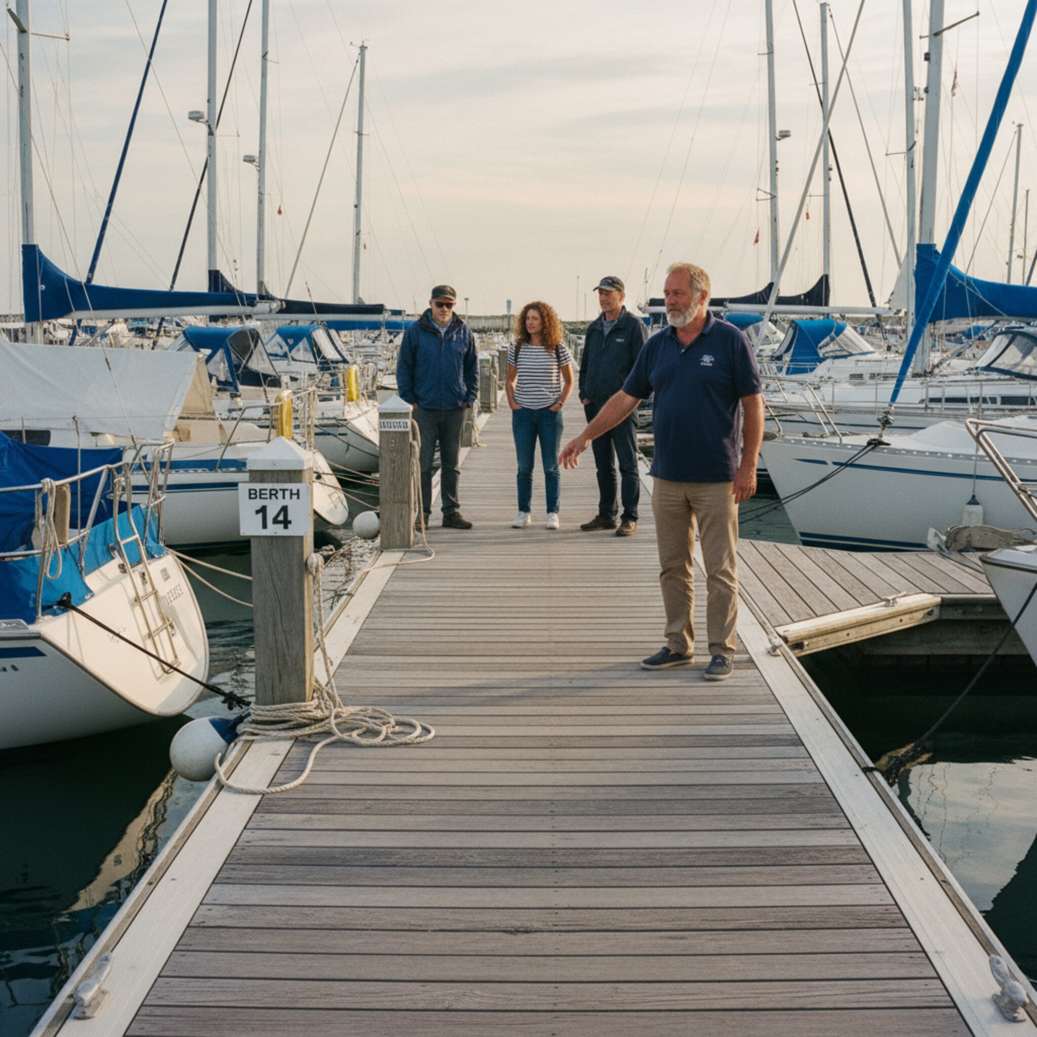 Weiches Nachmittagslicht über einem langen Steg, mehrere Boxen sind belegt, eine Box bleibt frei mit sauber platzierten Klampen. Der Hafenmeister zeigt auf den Platz, eine Crew wartet geduldig. Klare Stegschilder, ruhige Wasserfläche und geordnete Bewegungen vermitteln Übersicht.