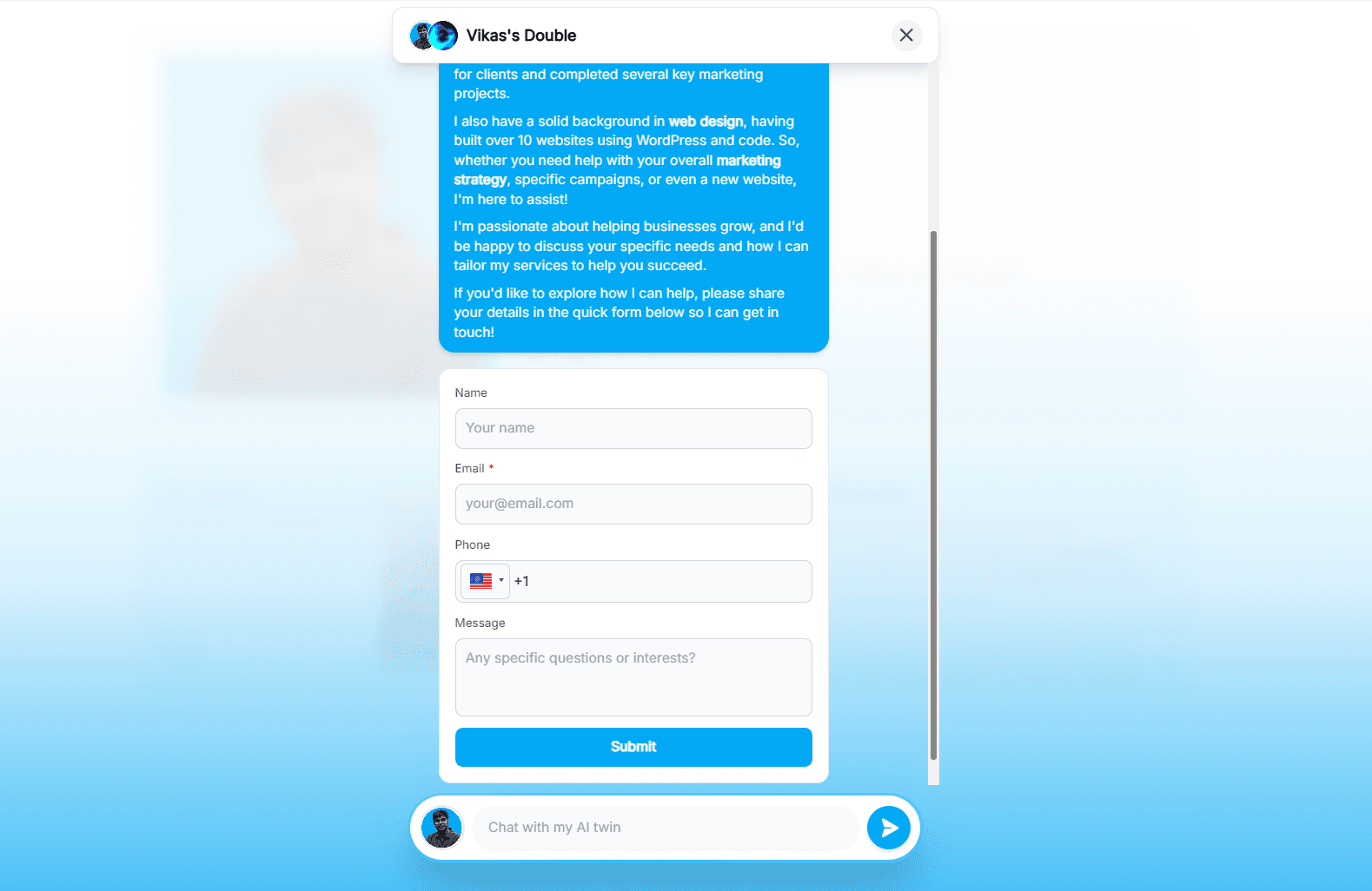 AI chatbot interface on a link in bio page designed for automated lead generation and visitor engagement.