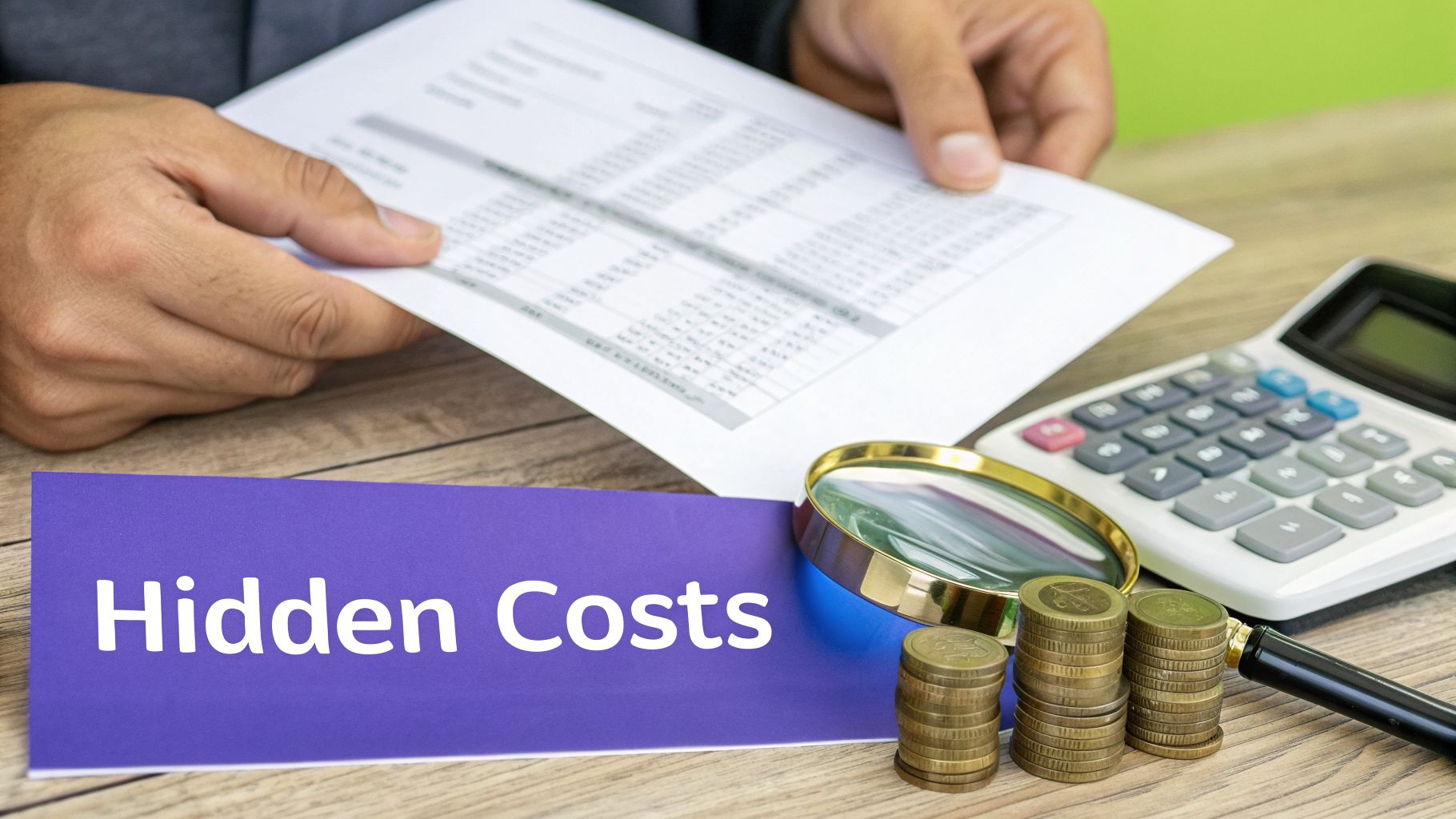 Hands examining a financial document with a 'Hidden Costs' sign, calculator, magnifying glass, and coins.