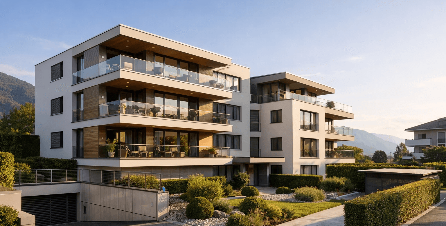 Modern white building on a cliff overlooking dark stormy seas.