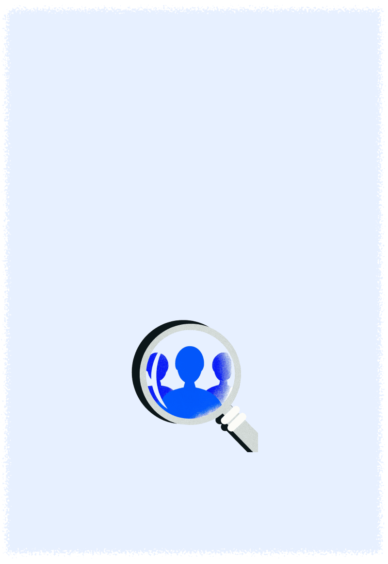 A blue magnifying glass icon over a silhouette of a person on a light background.