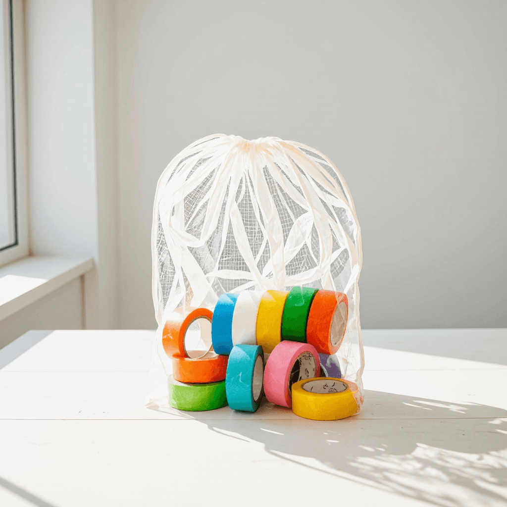 product photography of a transparent mesh storage bag containing various tape rolls