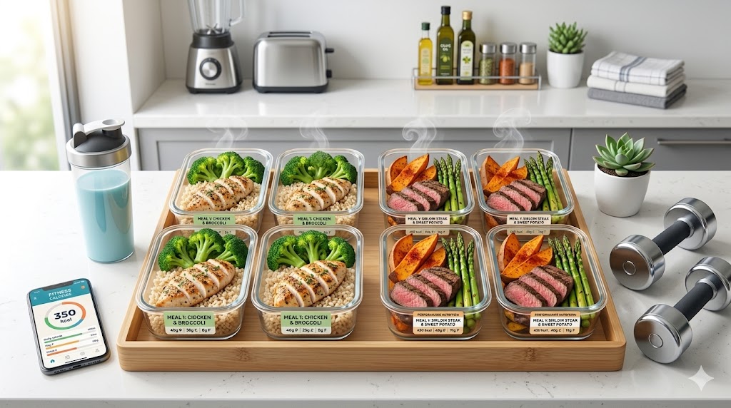 A high-angle photograph of an organized kitchen counter featuring six glass meal prep containers filled with grilled chicken and broccoli or sliced steak and sweet potatoes. Next to the food, a smartphone displays a calorie-tracking app showing a goal of 350 kcal. Dumbbells and a protein shaker are also visible.