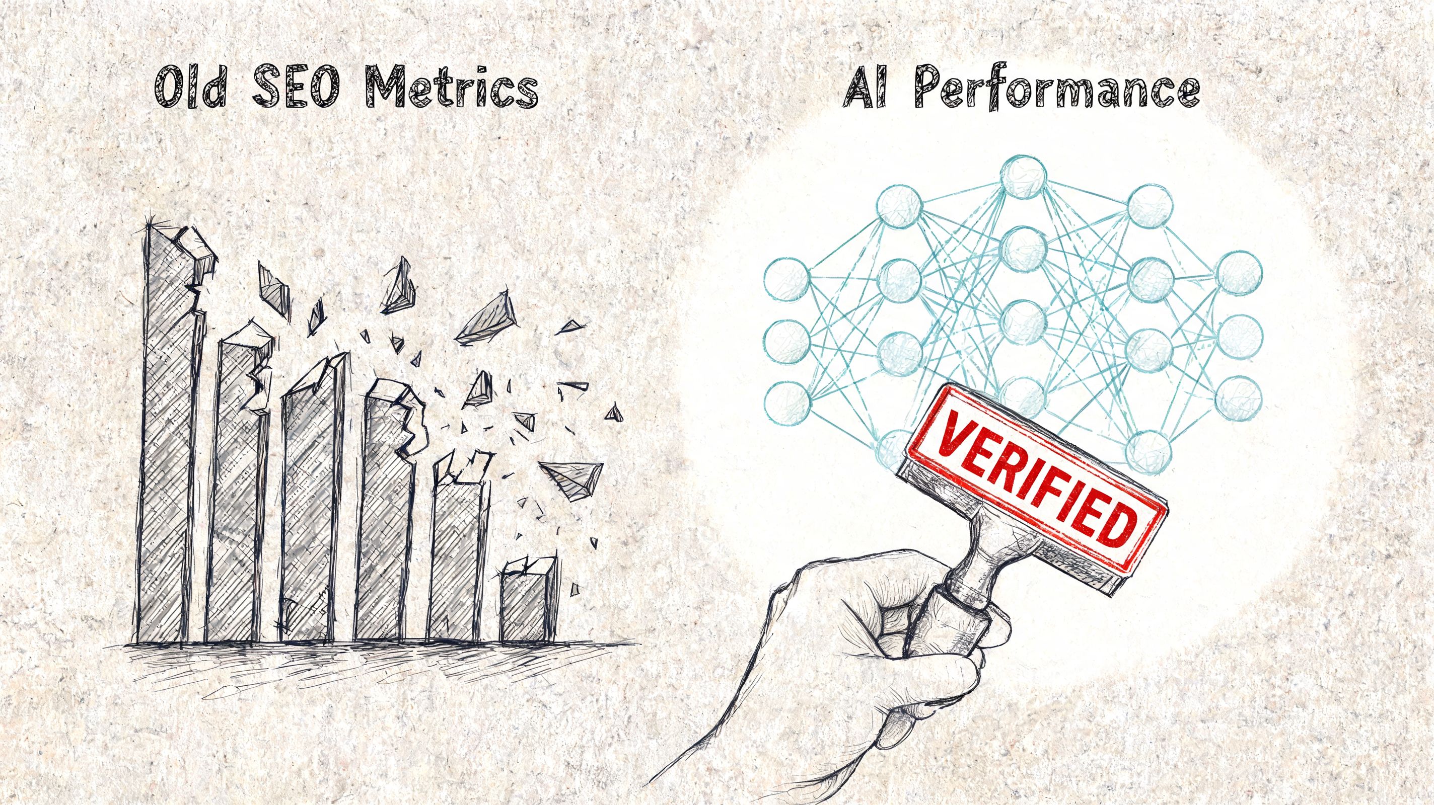 A conceptual sketch contrasting the decline of traditional SEO metrics with the verified performance of AI systems.