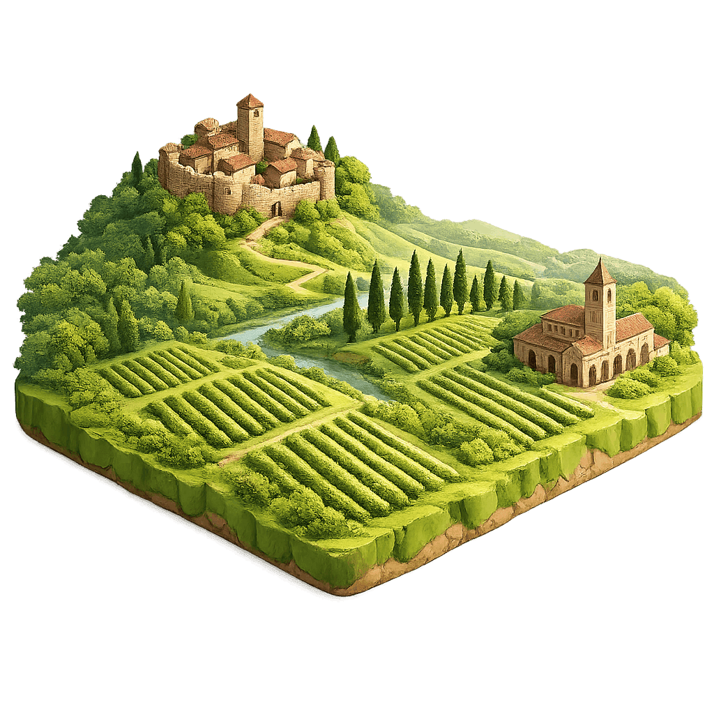 Artistic illustration of the Umbria wine region.