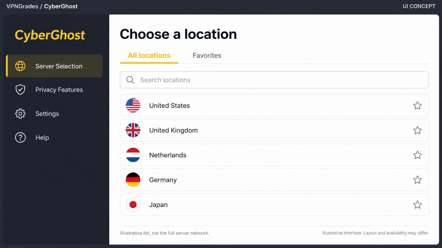 CyberGhost: a location picker concept (illustration).