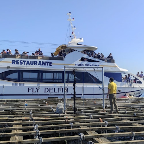 Un barco llamado "Fly Delfin" con "Restaurante" escrito en su lado está atracado; hay personas a bordo y una en el muelle.