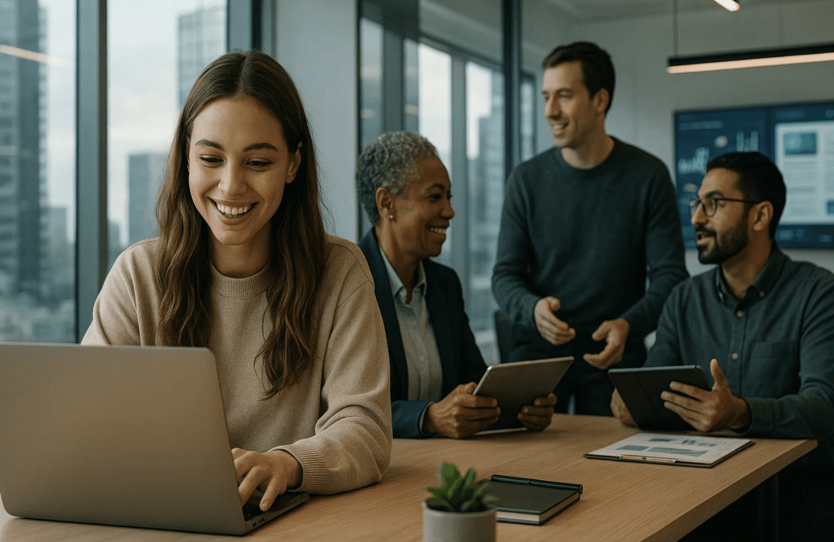 Jeune étudiant en stage en 2026 travaillant dans un bureau moderne et lumineux, utilisant un ordinateur portable aux côtés de collègues de différentes générations. L’image illustre la collaboration, l’innovation et les opportunités professionnelles offertes par les stages en 2026.