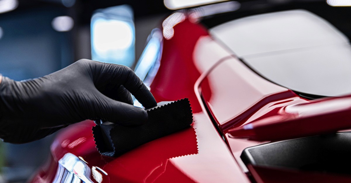 A gloved hand holding a black cloth over glossy red car paint under bright lights in a detailing garage.
