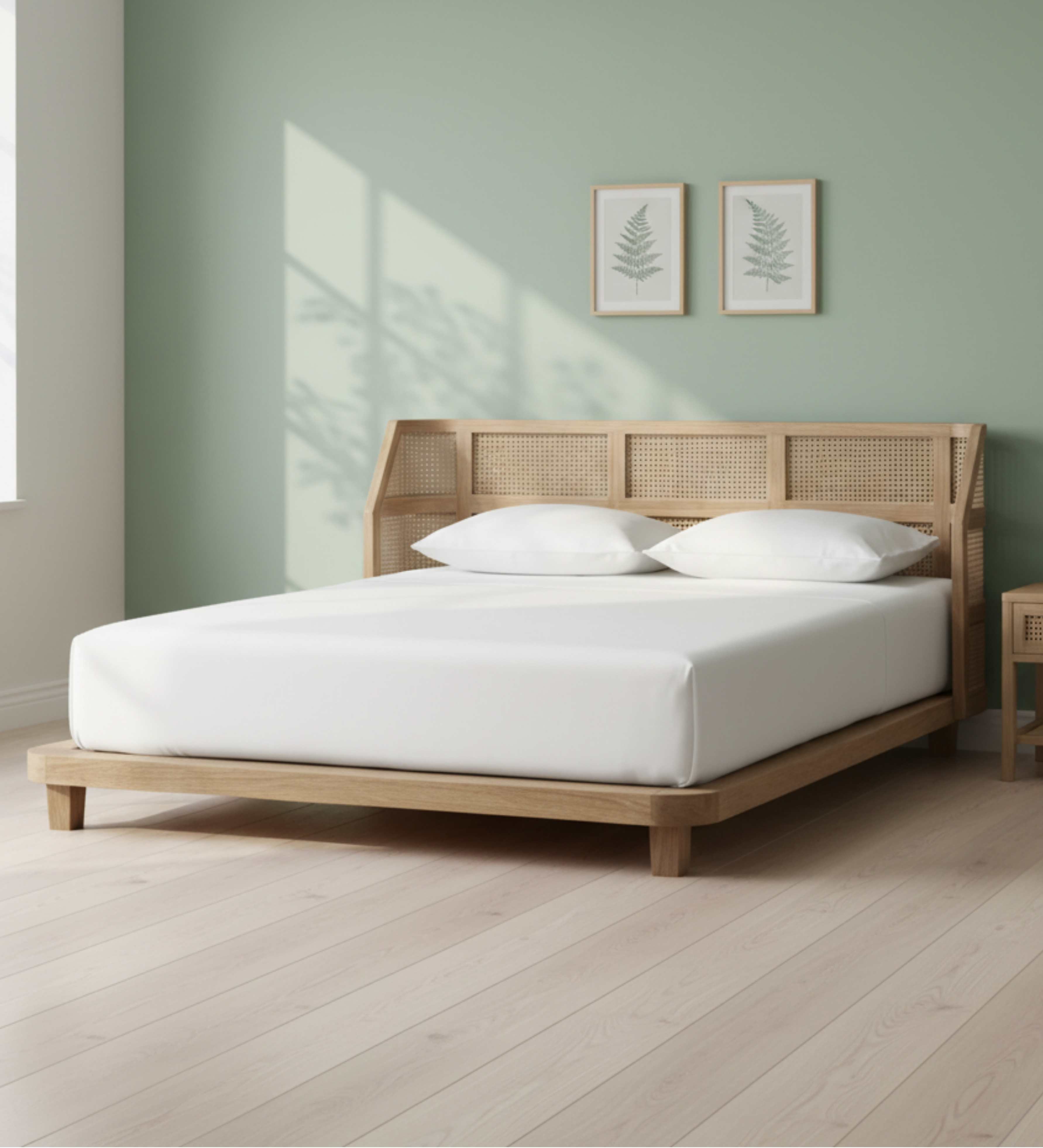 Rattan-paneled bed with curved natural wood frame.